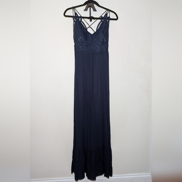 New with Tags Mi Ami Blue Lace Maxi Dress with Crisscross Stripes Women's Size S - Picture 1 of 6